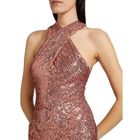 NWT Naeem Khan Crisscross Halter Open Back Bodycon Sequin Evening Gown Pink Sz 8 - Picture 2 of 11